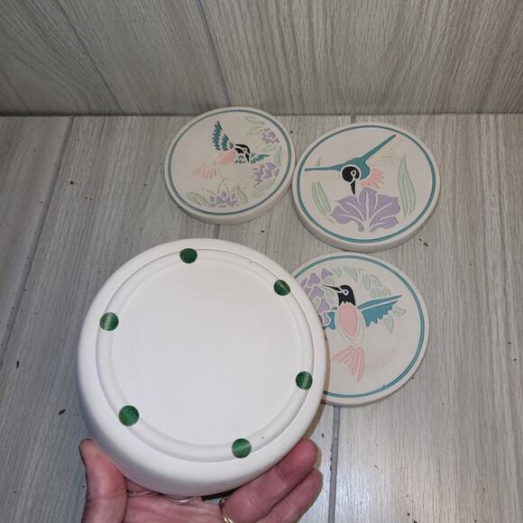 Vtg Southwestern Hummingbird Ceramic Coaster Set Of 4 NWOT Coastal Boho - Picture 6 of 11
